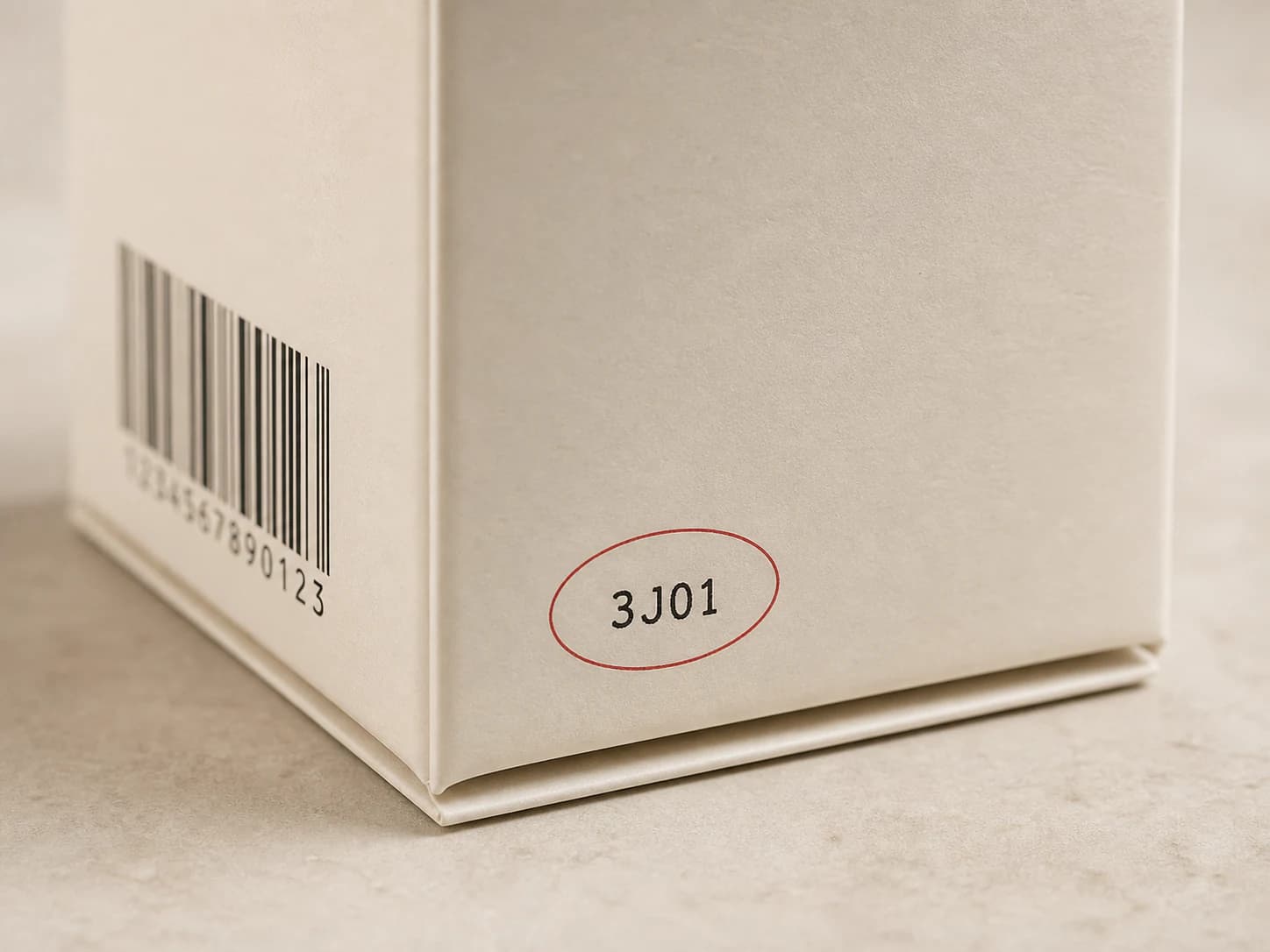 Batch code printed on cosmetic outer packaging beside a barcode