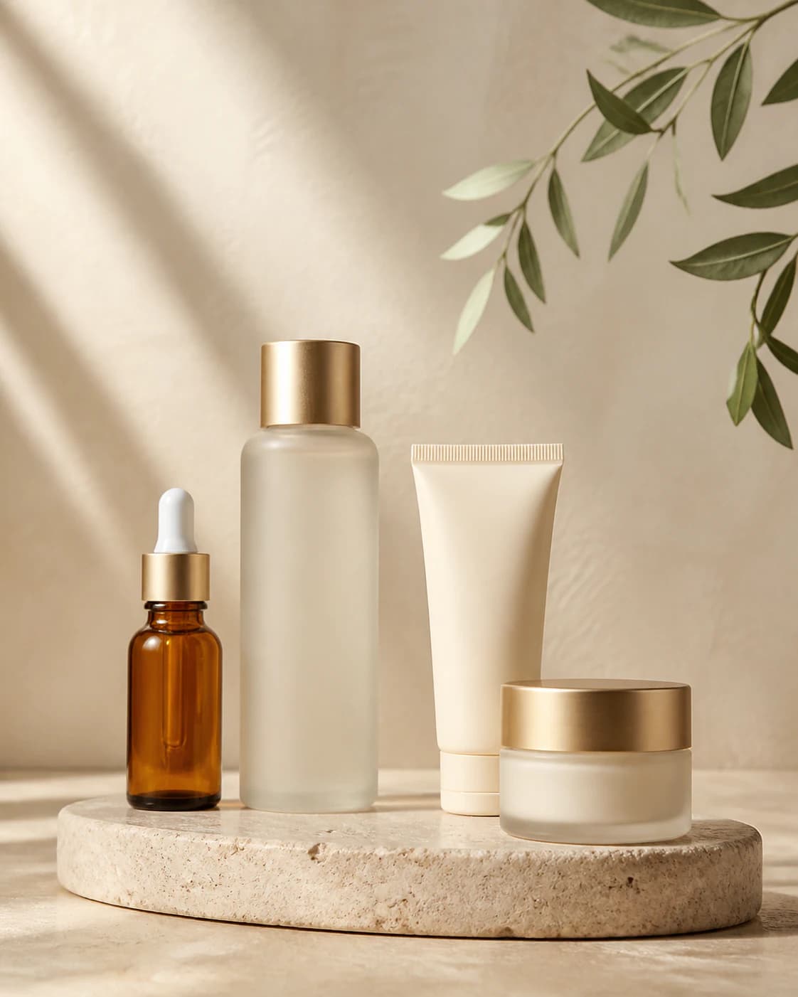 Unbranded serum, lotion, tube and moisturizer arranged on a stone tray